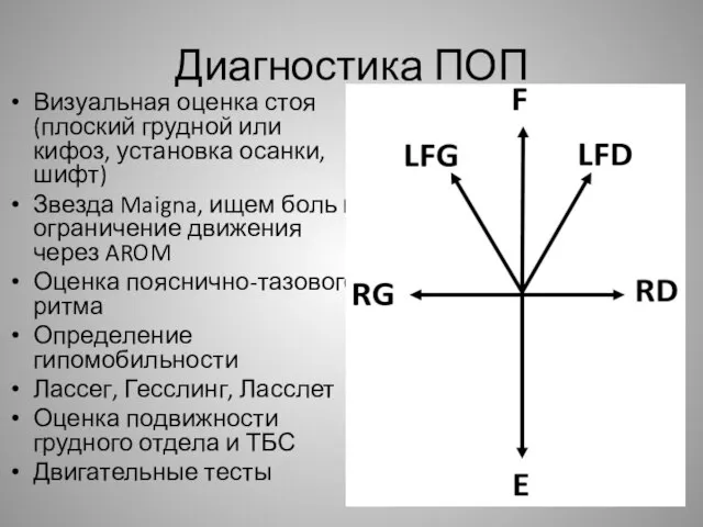 Диагностика ПОП Визуальная оценка стоя (плоский грудной или кифоз, установка осанки,