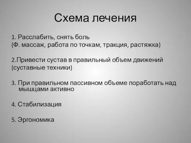 Схема лечения 1. Расслабить, снять боль (Ф. массаж, работа по точкам,