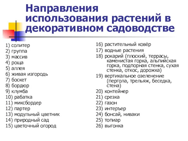 Направления использования растений в декоративном садоводстве 1) солитер 2) группа 3)