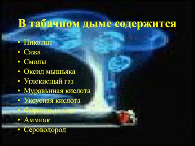 В табачном дыме содержится: Никотин Сажа Смолы Оксид мышьяка Углекислый газ