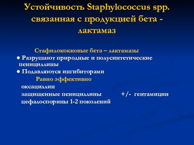 Устойчивость Staphylococcus spp. связанная с продукцией бета - лактамаз Стафилококковые бета