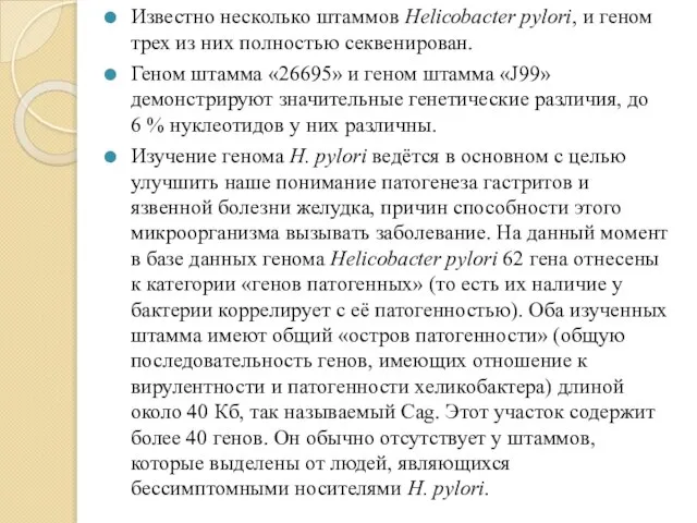 Известно несколько штаммов Helicobacter pylori, и геном трех из них полностью