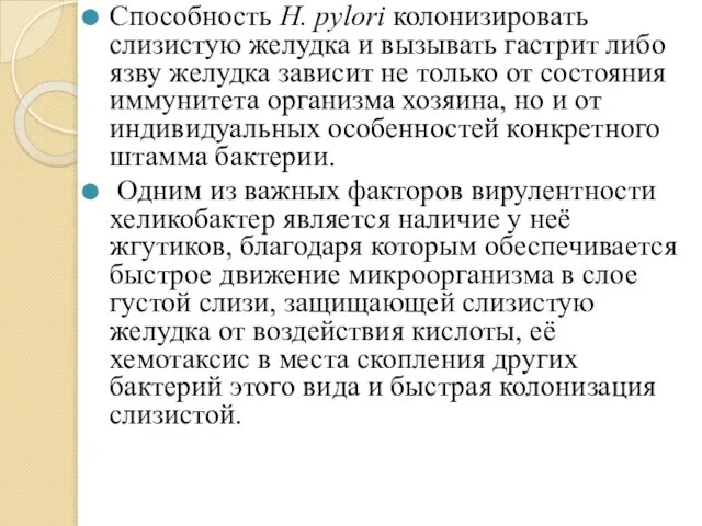 Способность H. pylori колонизировать слизистую желудка и вызывать гастрит либо язву