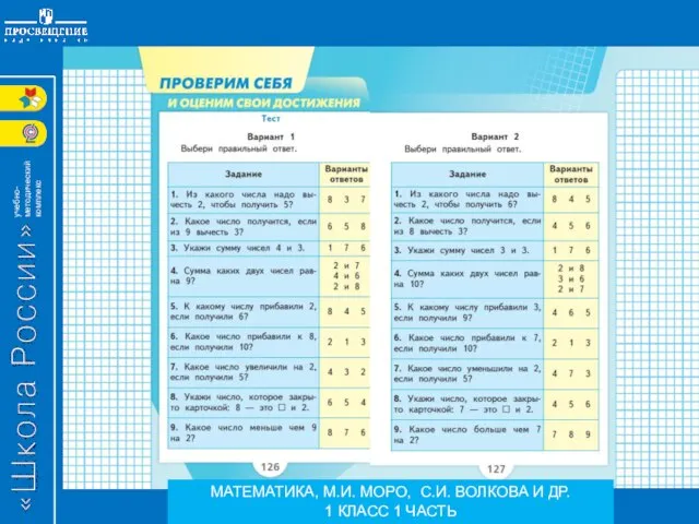 МАТЕМАТИКА, М.И. МОРО, С.И. ВОЛКОВА И ДР. 1 КЛАСС 1 ЧАСТЬ