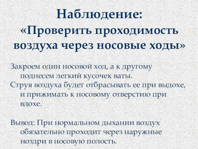 Закроем один носовой ход, а к другому поднесем легкий кусочек ваты.