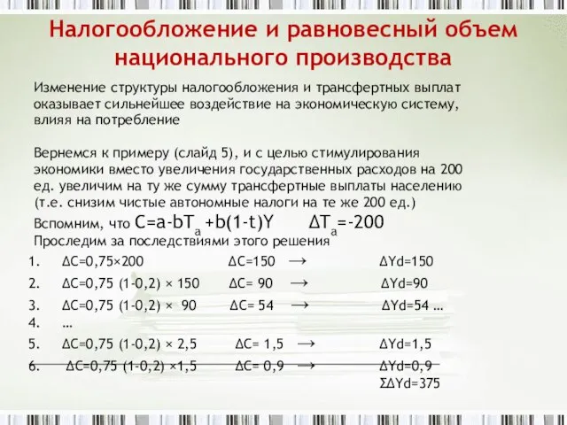 Налогообложение и равновесный объем национального производства Изменение структуры налогообложения и трансфертных