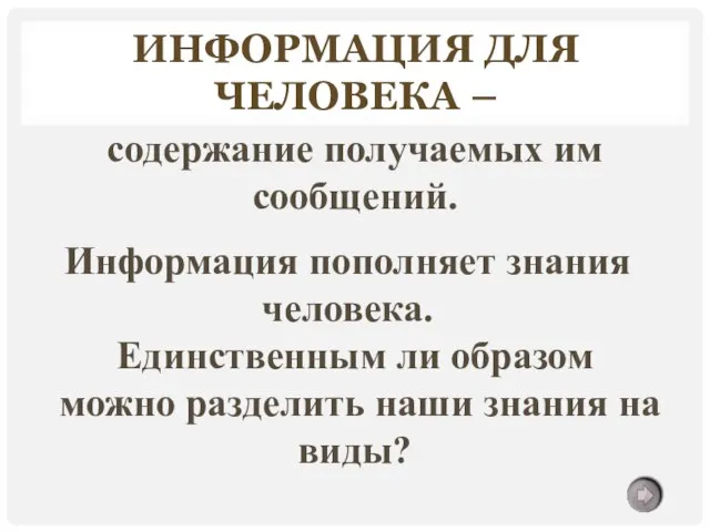 ИНФОРМАЦИЯ ДЛЯ ЧЕЛОВЕКА – содержание получаемых им сообщений. Информация пополняет знания