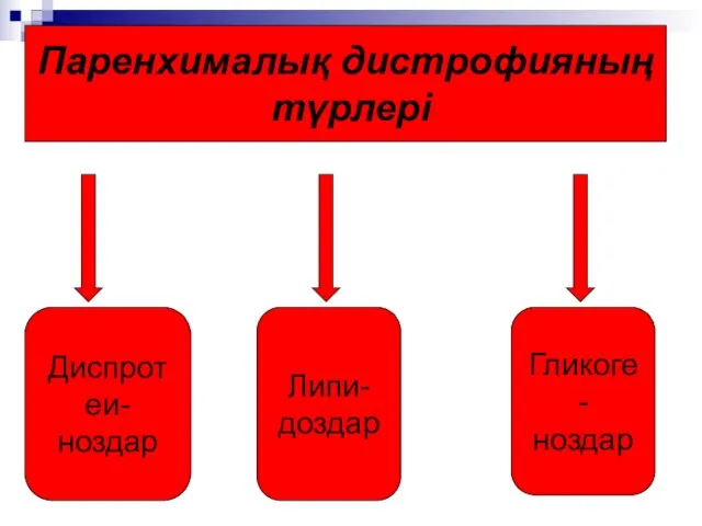 Паренхималық дистрофияның түрлері Диспротеи- ноздар Липи- доздар Гликоге- ноздар