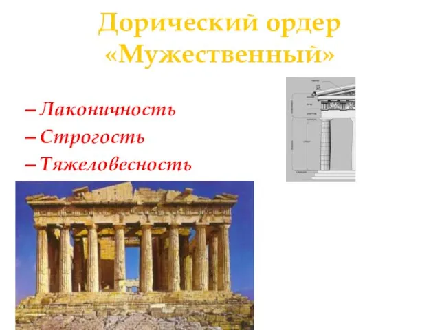 Дорический ордер «Мужественный» С VII в. до н.э. (Балканская Греция) Лаконичность Строгость Тяжеловесность