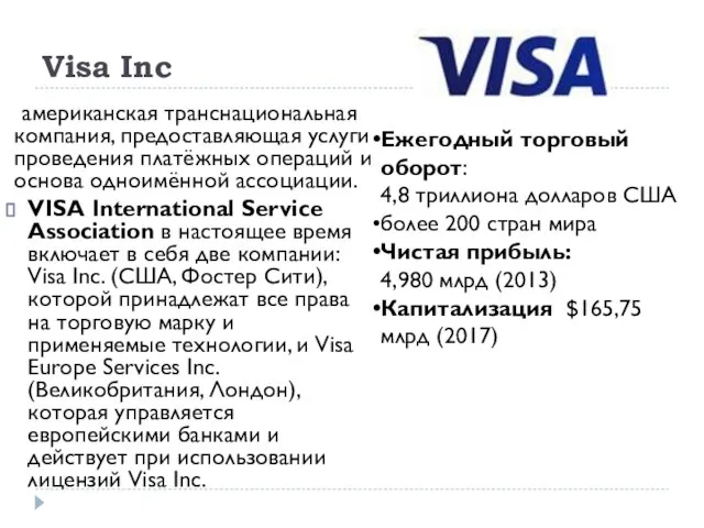 Visa Inc американская транснациональная компания, предоставляющая услуги проведения платёжных операций и