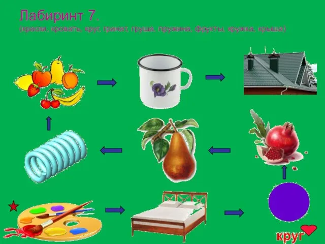 www.logoped.ru Лабиринт 7. (краски, кровать, круг, гранат, груша, пружина, фрукты, кружка, крыша)