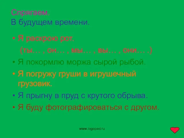 www.logoped.ru Спрягаем. В будущем времени. Я раскрою рот. (ты… , он…