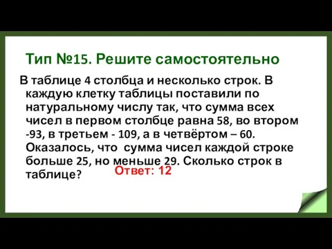 Тип №15. Решите самостоятельно В таблице 4 столбца и несколько строк.