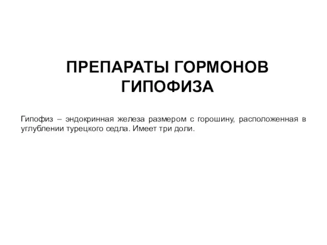 ПРЕПАРАТЫ ГОРМОНОВ ГИПОФИЗА Гипофиз – эндокринная железа размером с горошину, расположенная