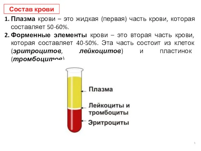 Состав крови Плазма крови – это жидкая (первая) часть крови, которая