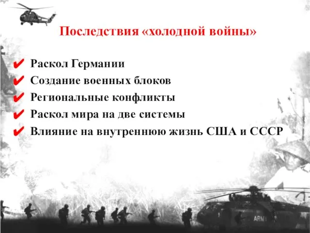 Последствия «холодной войны» Раскол Германии Создание военных блоков Региональные конфликты Раскол