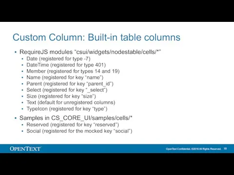 Custom Column: Built-in table columns RequireJS modules “csui/widgets/nodestable/cells/*” Date (registered for