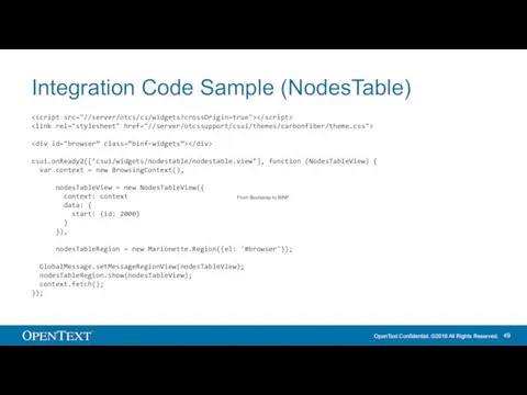 Integration Code Sample (NodesTable) csui.onReady2([’csui/widgets/nodestable/nodestable.view’], function (NodesTableView) { var context =