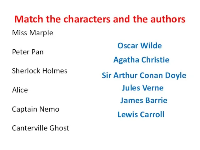 Match the characters and the authors Miss Marple Peter Pan Sherlock