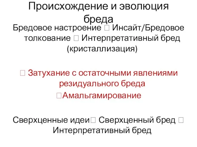 Происхождение и эволюция бреда Бредовое настроение ? Инсайт/Бредовое толкование ? Интерпретативный