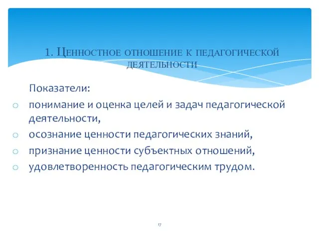 Показатели: понимание и оценка целей и задач педагогической деятельности, осознание ценности