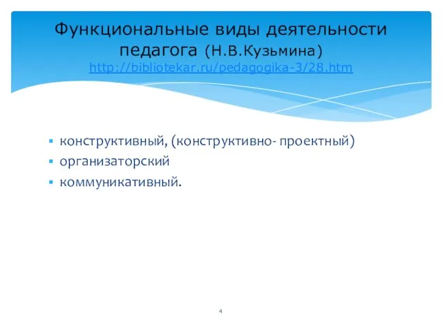 конструктивный, (конструктивно- проектный) организа­торский коммуникативный. Функциональные виды деятельности педагога (Н.В.Кузьмина) http://bibliotekar.ru/pedagogika-3/28.htm