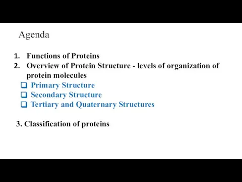 Agenda Functions of Proteins Overview of Protein Structure - levels of