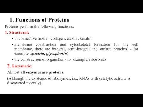 1. Functions of Proteins Proteins perform the following functions: 1. Structural: