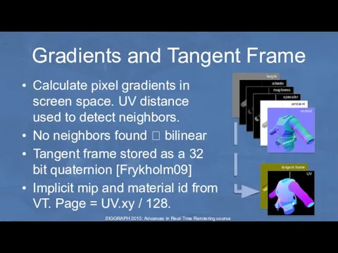 Gradients and Tangent Frame Calculate pixel gradients in screen space. UV