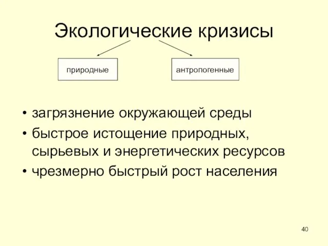 Экологические кризисы загрязнение окружающей среды быстрое истощение природных, сырьевых и энергетических