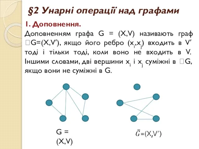 §2 Унарні операції над графами 1. Доповнення. Доповненням графа G =