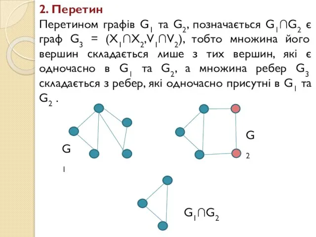 2. Перетин Перетином графів G1 та G2, позначається G1∩G2 є граф