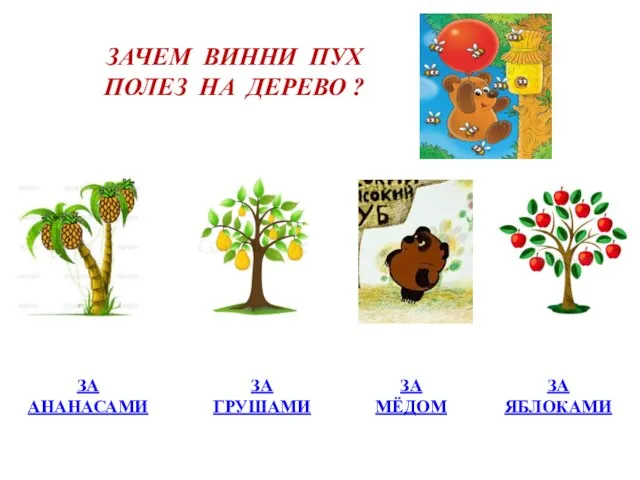 ЗАЧЕМ ВИННИ ПУХ ПОЛЕЗ НА ДЕРЕВО ? ЗА АНАНАСАМИ ЗА ГРУШАМИ ЗА МЁДОМ ЗА ЯБЛОКАМИ