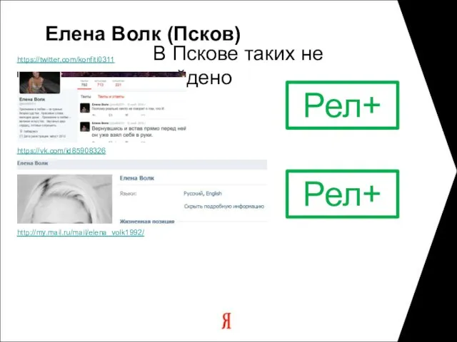 https://twitter.com/konfiti0311 https://vk.com/id85908326 http://my.mail.ru/mail/elena_volk1992/ Елена Волк (Псков) Рел+ В Пскове таких не найдено Рел+