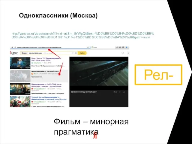 http://yandex.ru/video/search?filmId=udSm_8YWgQI&text=%D0%BE%D0%B4%D0%BD%D0%BE%D0%BA%D0%BB%D0%B0%D1%81%D1%81%D0%BD%D0%B8%D0%BA%D0%B8&path=main Одноклассники (Москва) Фильм – минорная прагматика Рел-