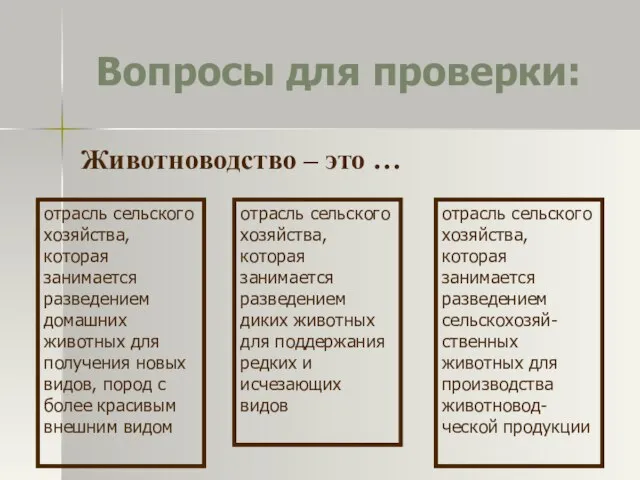 Вопросы для проверки: Животноводство – это … отрасль сельского хозяйства, которая