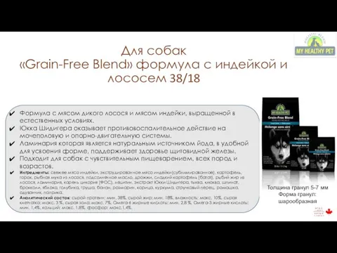 Для собак «Grain-Free Blend» формула с индейкой и лососем 38/18 Формула