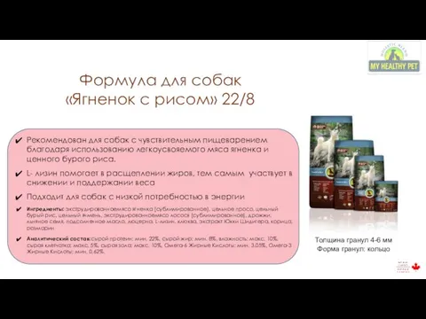 Формула для собак «Ягненок с рисом» 22/8 Рекомендован для собак с