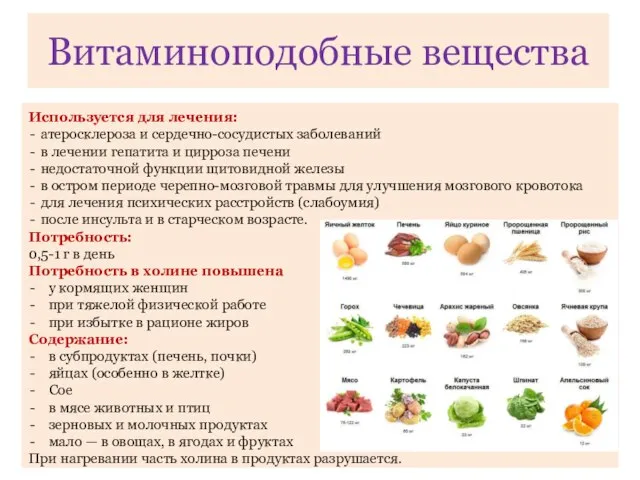 Витаминоподобные вещества Используется для лечения: атеросклероза и сердечно-сосудистых заболеваний в лечении