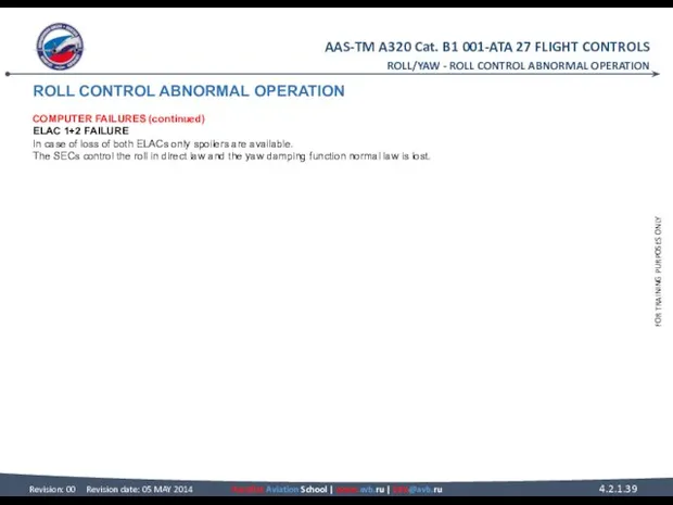 ROLL CONTROL ABNORMAL OPERATION COMPUTER FAILURES (continued) ELAC 1+2 FAILURE In