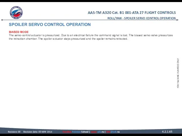 SPOILER SERVO CONTROL OPERATION BIASED MODE The servo-control actuator is pressurized.