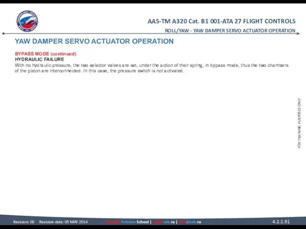 YAW DAMPER SERVO ACTUATOR OPERATION BYPASS MODE (continued) HYDRAULIC FAILURE With