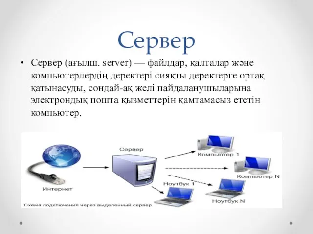 Сервер Сервер (ағылш. server) — файлдар, қалталар және компьютерлердің деректері сияқты