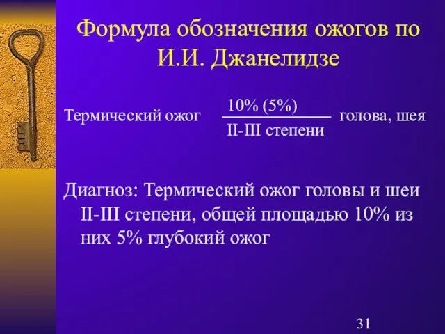 Формула обозначения ожогов по И.И. Джанелидзе Термический ожог голова, шея Диагноз: