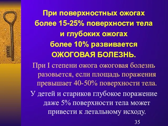 При поверхностных ожогах более 15-25% поверхности тела и глубоких ожогах более