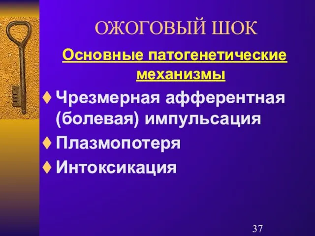 ОЖОГОВЫЙ ШОК Основные патогенетические механизмы Чрезмерная афферентная (болевая) импульсация Плазмопотеря Интоксикация