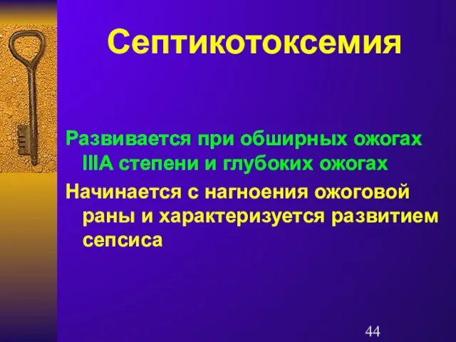 Септикотоксемия Развивается при обширных ожогах IIIA степени и глубоких ожогах Начинается