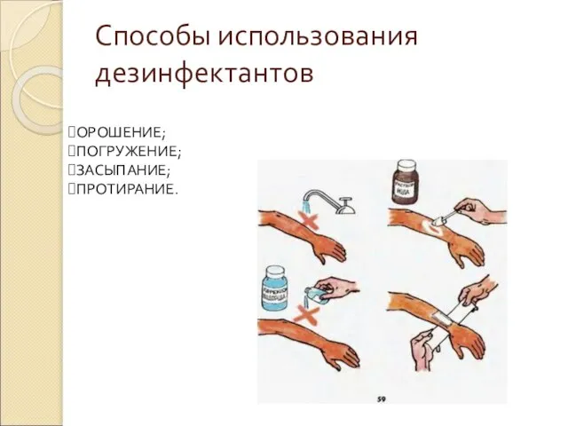 Способы использования дезинфектантов ОРОШЕНИЕ; ПОГРУЖЕНИЕ; ЗАСЫПАНИЕ; ПРОТИРАНИЕ.