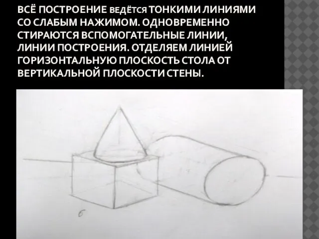 ВСЁ ПОСТРОЕНИЕ ВЕДЁТСЯ ТОНКИМИ ЛИНИЯМИ СО СЛАБЫМ НАЖИМОМ. ОДНОВРЕМЕННО СТИРАЮТСЯ ВСПОМОГАТЕЛЬНЫЕ