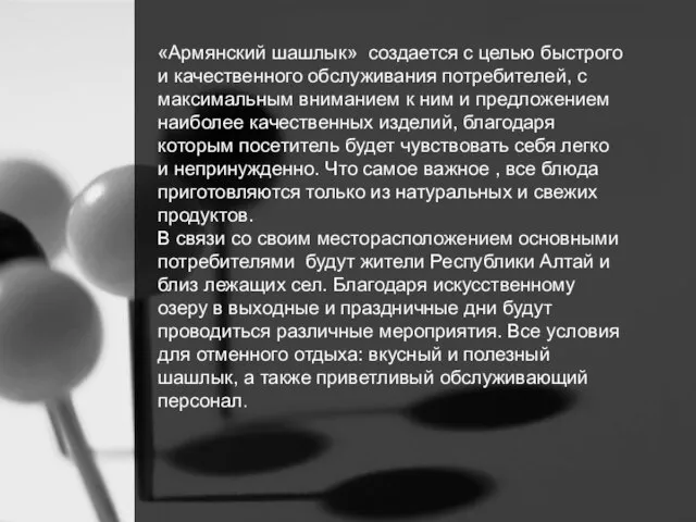 «Армянский шашлык» создается с целью быстрого и качественного обслуживания потребителей, с